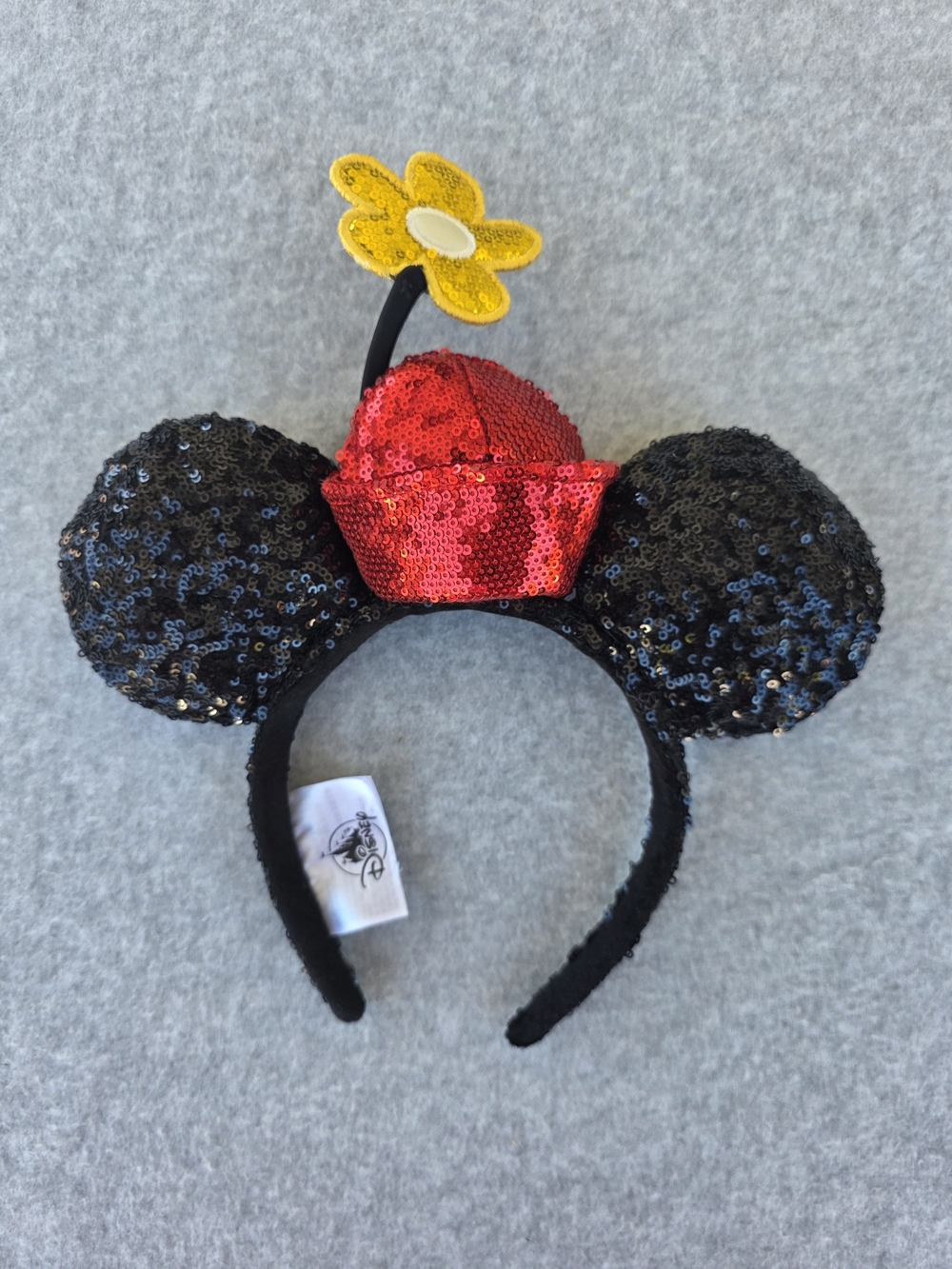 Disney Minnie Mouse Ears Headband with Red Sequin Hat and Yellow Flower